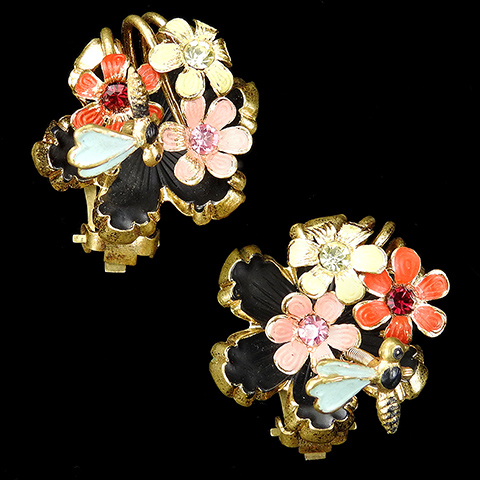 Made in Austria Gold Enamel and Multicolour Stones Trembler Butterfly on Flowers Clip Earrings