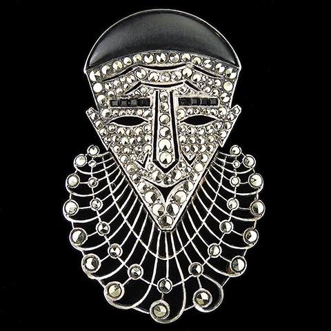 Made in France Sterling Marcasites and Bakelite Openwork Pierrot Face with Ruff Collar Pin