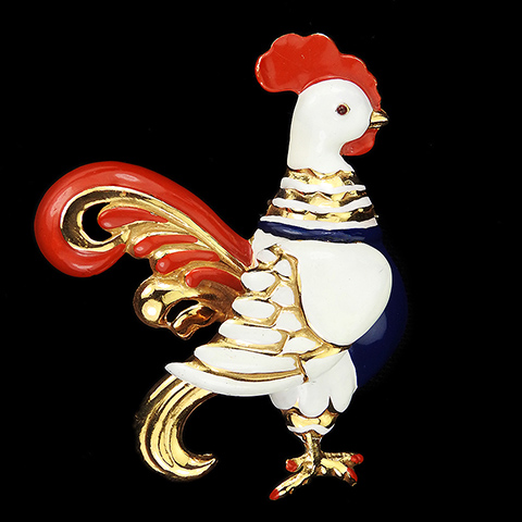 Castlecliff Gold and Enamel WW2 Patriotic Red White and Blue Rooster with Moveable Wing Pin Clip