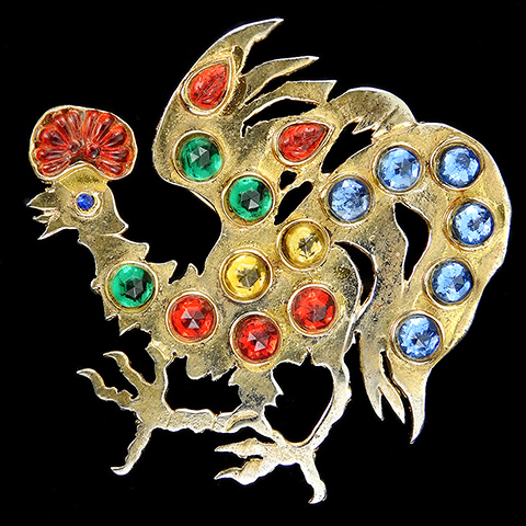 Mosell Sterling Gold Multicolour Cabochons and Fruit Salads Large Rooster Fighting Cock Bird Pin