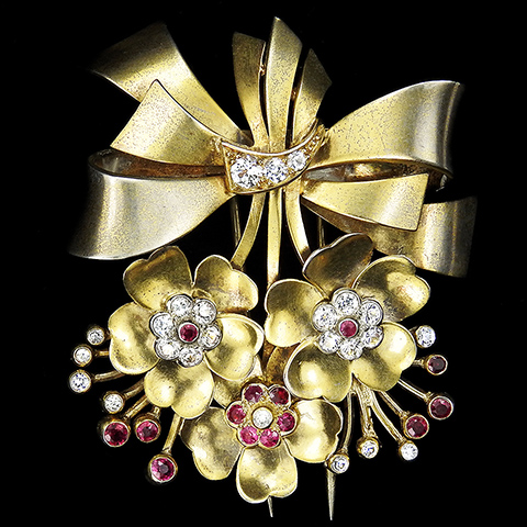 French Gold Pave and Rubies Three Flower Bouquet with Bowknot Bow Pin Clip