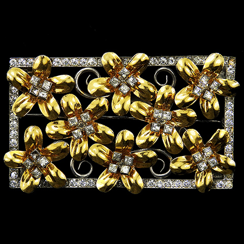 Kreisler Gold and Pave Openwork Flowers on an Oblong Lattice Floral Scene Pin