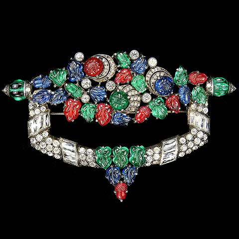 Deco French Sterling Tricolour Fruit Salads Melon Cut Emeralds Pave and Baguette Swirls Doorknocker Flower Basket Spray Pin