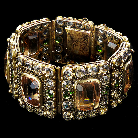 Hobe Gold Filigree Peridot Diamante and Oblong Cut Topaz Seven Link Wide Bracelet