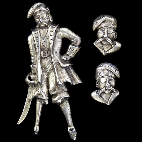 Marleen Sterling Peg Leg Pirate with Cutlass and Eyepatch Pin and Screwback Earrings Set