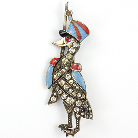 Deco Sterling Pave and Enamel Soldier Goose with Rifle Tepis Hat and Epaulettes Pin