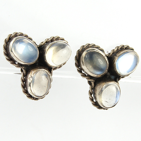 Deco Sterling and Moonstone Cabochons Trefoil Screwback Earrings