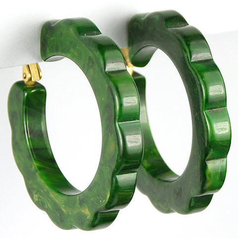 Deco Mottled Green Bakelite Circles Pierced Earrings