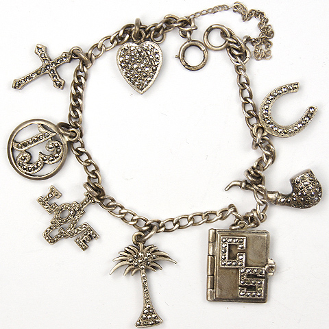 Deco Sterling and Marcasites 'I Love U' Lucky Charms Bracelet