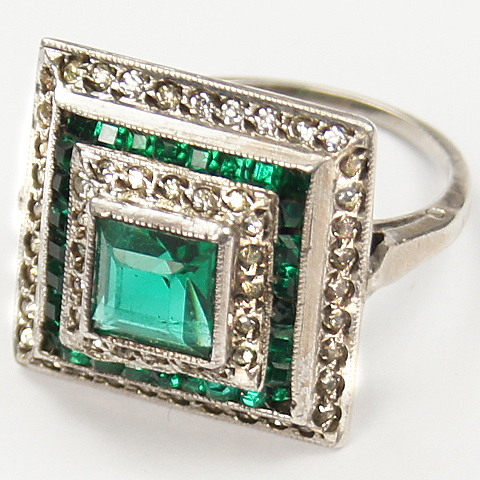 Deco Pave and Invisibly Set Emerald Pyramid Finger Ring