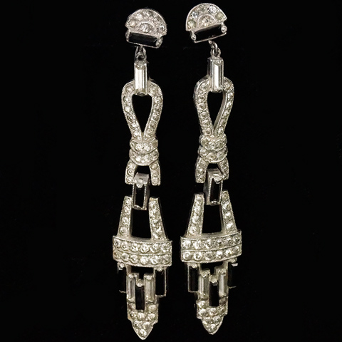 Deco Pave Baguettes and Onyx Triple Element Pendant Screwback Earrings