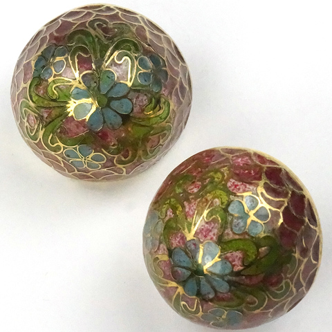 Art Nouveau Plique a Jour Flowers Domed Pierced Earrings