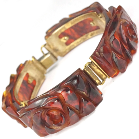 Gold and Rose Pattern Rootbeer Bakelite Bracelet