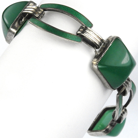 Deco Sterling Enamel and Cushion Cut Chalcedony Link Bracelet