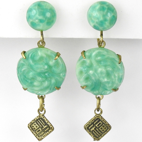 Deco Jade Discs with Chinese Motif Pendant Screwback Earrings