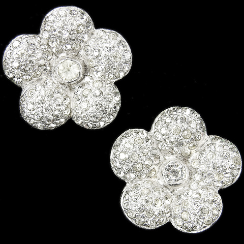 Deco Pave Flower Button Clip Earrings