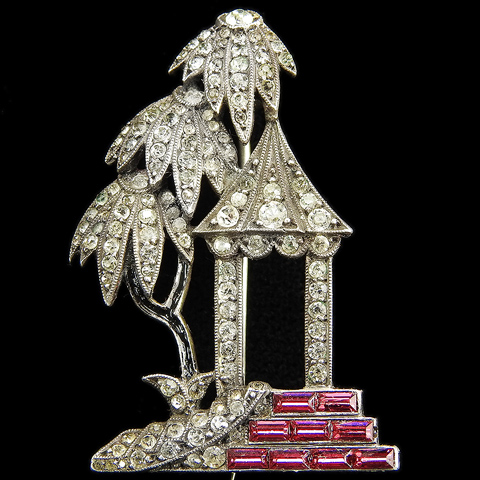 Edwardian Sterling Pave Pagoda with Palm Trees and Invisibly Set Ruby Steps Pin