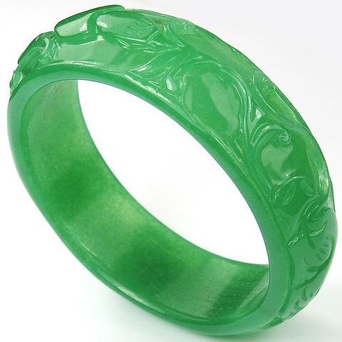 Bottle Green Jade Carved Scrolls Bangle Bracelet