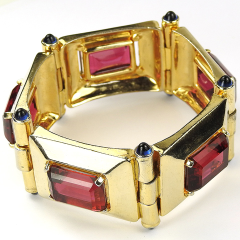 Deco Gold Pyramids Oblong Cut Rubies and Sapphire Cabochons Five Element Link Bracelet