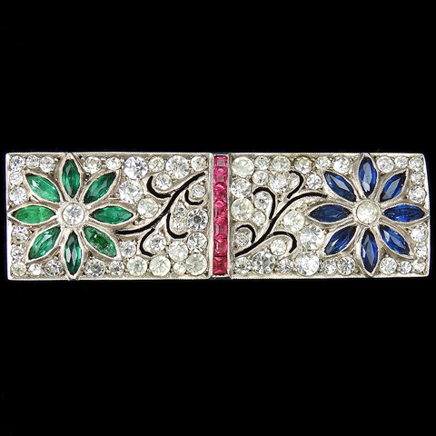 Deco 935 Sterling Emerald Sapphire and Invisibly Set Rubies Two Flower Gallery Set Scene Pin