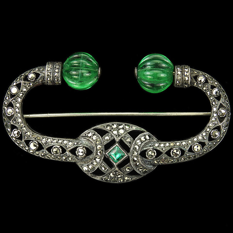 Deco Sterling Marcasites and Melon Cut Emeralds Moghul Style Bar Pin
