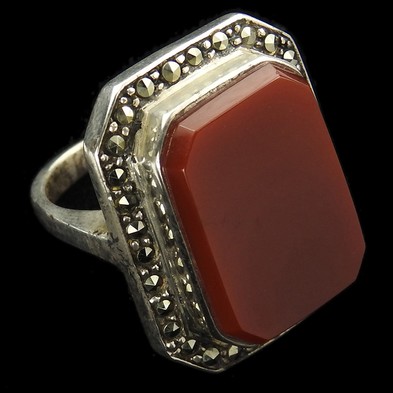 Deco Sterling Carnelian and Marcasites Finger Ring