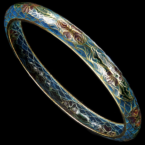 Art Nouveau Plique a Jour Pink Water Lily Flowers on Blue Lake Bangle Bracelet