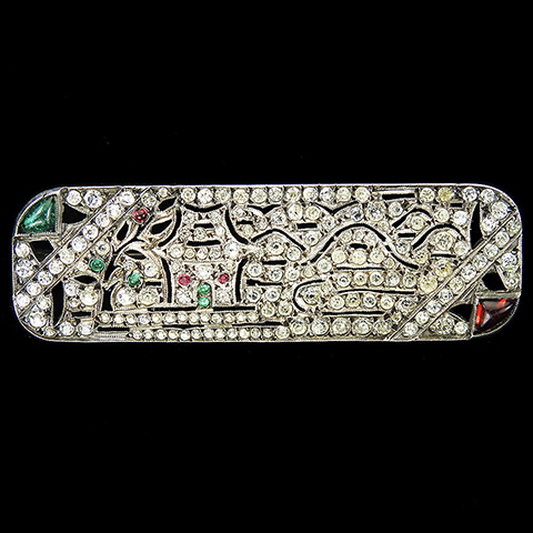 Deco Sterling Pave Ruby and Emerald Cabochons Openwork Chinese Pavilion Fruit Tree and Bridge in a Landscape Willow Pattern Scene Pin