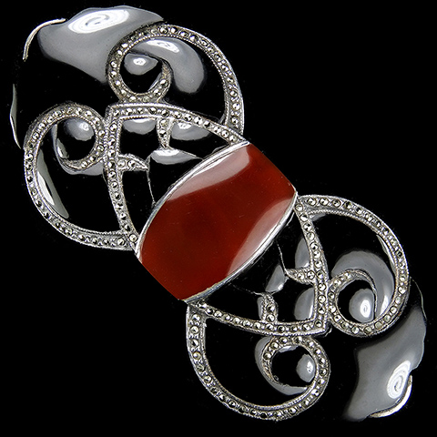 Deco Sterling Scrolled Marcasites and Inset Onyx and Carnelian Geometric Owl Faces Pattern Bar Pin