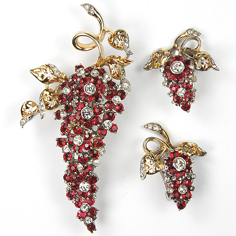 Reja Gold and Ruby Flowers Climbing Wisteria Pin and Clip Earrings Set