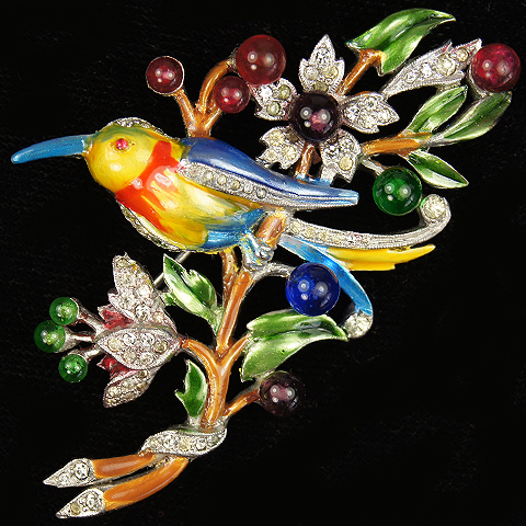 DuJay (unsigned) Metallic Enamel Bird on Branch with Berries Pin