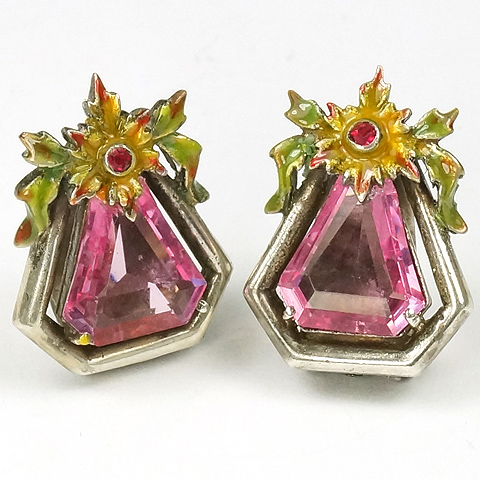 Dujay Sterling (unsigned) Pink Topaz Hexagons and Enamel Flowers Clip Earrings