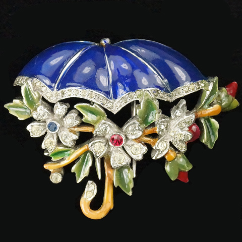 Dujay Pave and Enamel Flowers on a Branch beneath an Umbrella Pin Clip