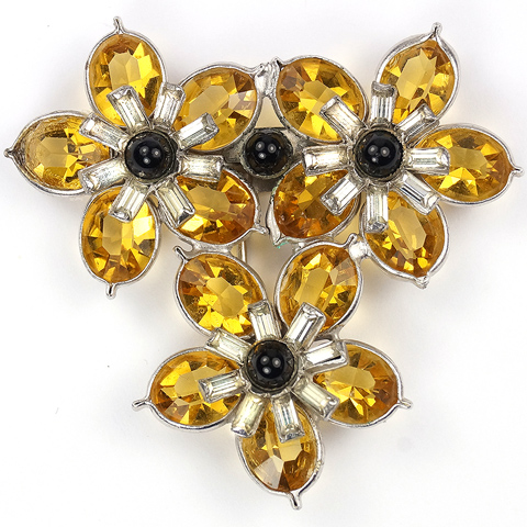 Pennino Citrine Pointed Petals Flowers and Baguettes Triple Floral Spray Pin Clip