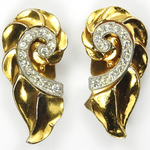 McClelland Barclay Gold and Pave Scrolls Matched Pair of Dress Clips
