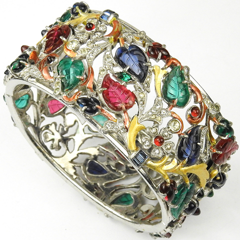 Dujay Multicolour Fruit Salads Pave Flowers and Metallic Enamel Branches and Leaves Openwork Hinged Bangle Bracelet