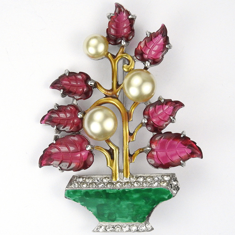 Dujay Ruby Fruit Salads and Pearls Flowers and Malachite Enamel Flower Pot or Vase Pin