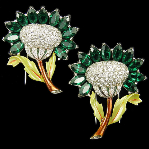 Dujay Pave and Enamel Matched Pair of Emerald and Diamante Sunflower Pin Clips