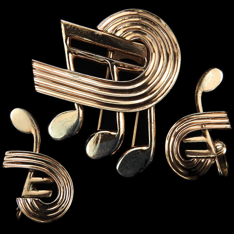 Nettie Rosenstein Sterling Triple Musical Note Demi-Semi Quaver Swirl Pin Clip and Clip Earrings Set 