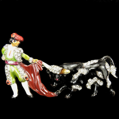 Dujay Pave and Enamel Bullfighter Matador with Cloak and Charging Bull Pin