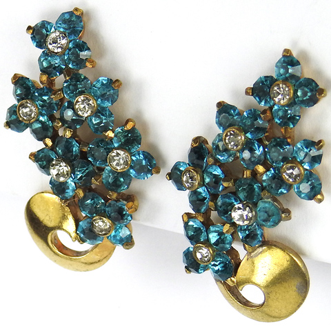 Pennino Aquamarine Flowers and Gold Swirls Screwback Earrings