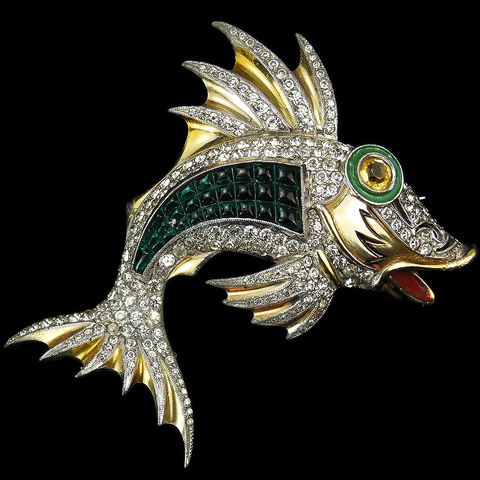 Dujay Gold Pave and Invisibly Set Emeralds Leaping Fish Pin