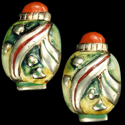 Nettie Rosenstein Sterling Gold and Enamel Chinese Mandarin Vase Clip Earrings