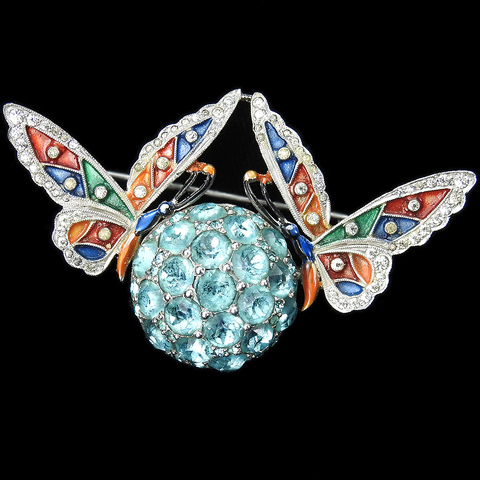 Dujay Pave and Enamel Two Multicolour Butterflies on an Aquamarine Flower Pin