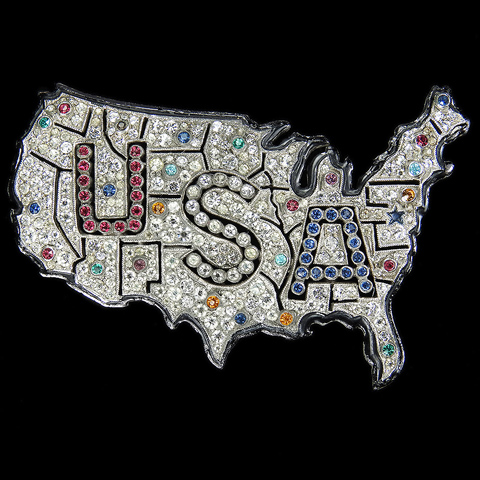 Dujay (unsigned) WW2 US Patriotic Pave and Enamel Openwork Red White and Blue Map of the USA Pin