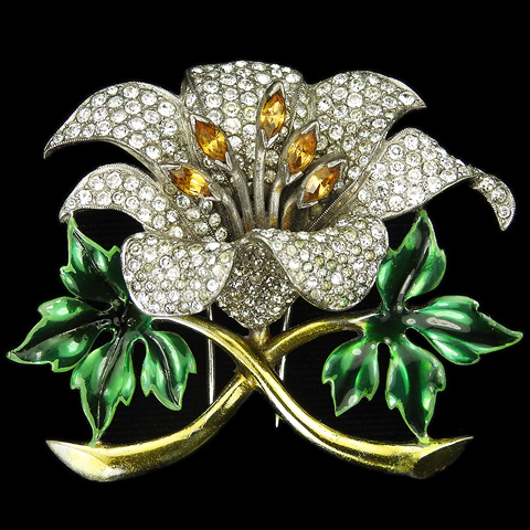 Dujay Pave and Metallic Enamel Orchid with Topaz Stamens Pin Clip
