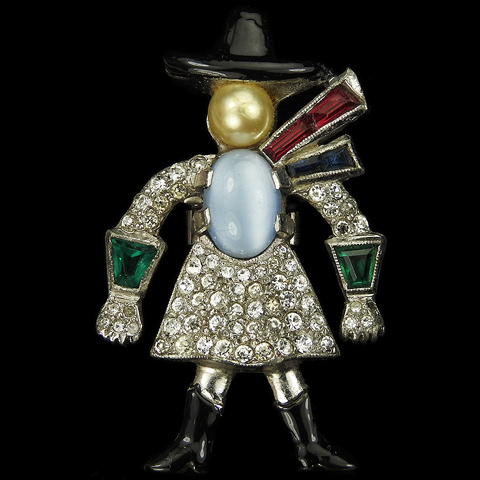 Dujay Pave Enamel Blue Moonstone and Pearl Cowgirl with Hat Scarf Gauntlets and Boots Pin Clip