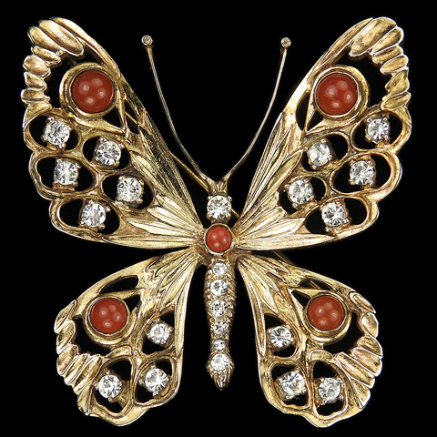 Nettie Rosenstein Sterling Gold Pave and Carnelian Openwork Butterfly Pin
