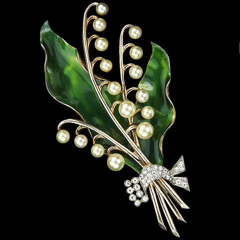 Dujay Sterling Gold Pearls and Enamel Lily of the Valley Flower with Pave Bow Pin