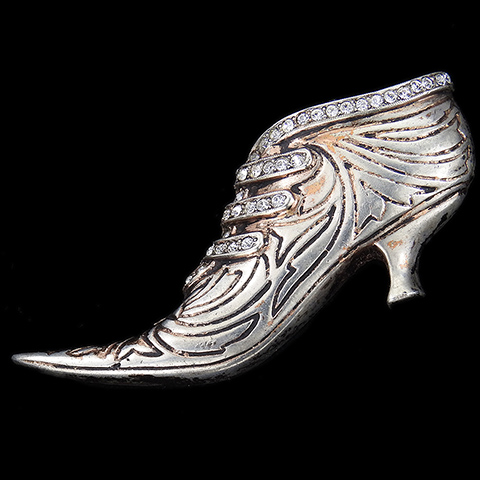 Nettie Rosenstein Sterling Gold and Pave Opera Slipper High Heeled Laced Shoe Pin Clip
